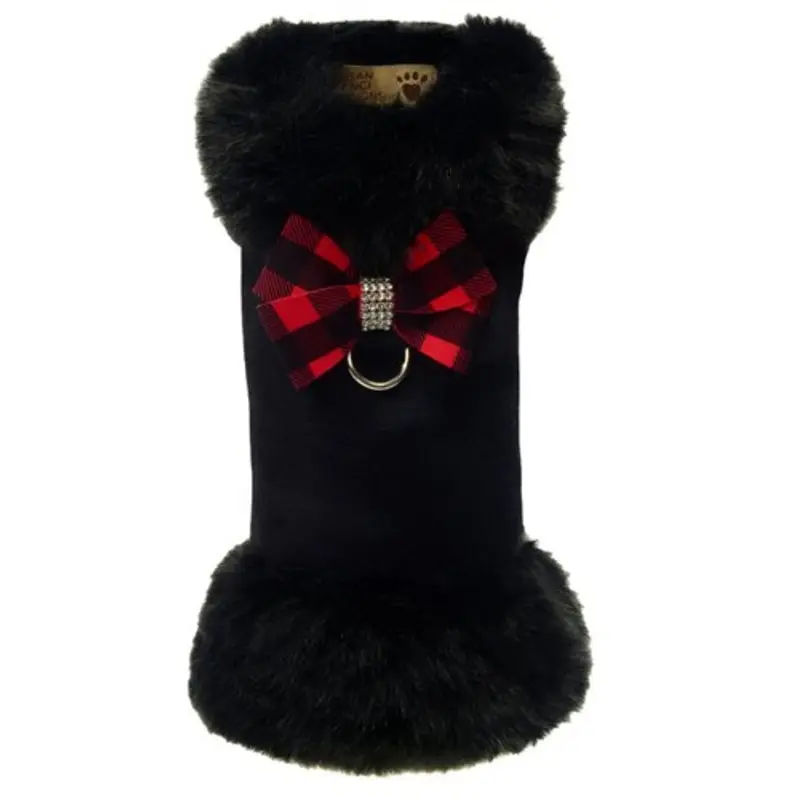 Susan Lanci Red Gingham Nouveau Bow Black Fox Fur Coat