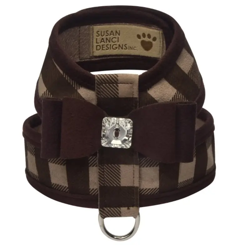 Susan Lanci Tinkie Harness in Fawn Gingham with Chocolate Big Bow