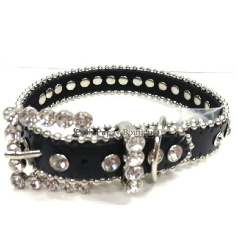 Couture Clear Crystal and Leather Dog Collar in Black