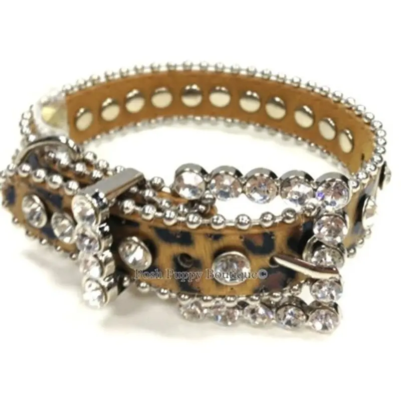 Couture Clear Crystal and Leather Dog Collar in Tan Leopard