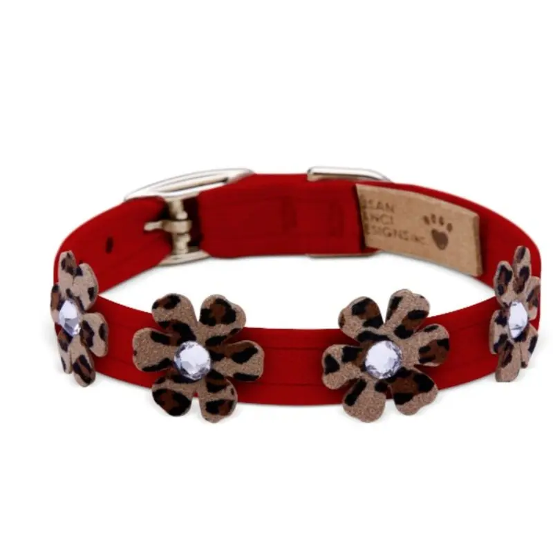 Susan Lanci Red Ultrasuede Collar with Cheetah Flowers