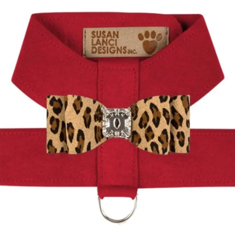 Susan Lanci Two Tone Big Bow Tinkie Harness in Red and Cheetah Bow