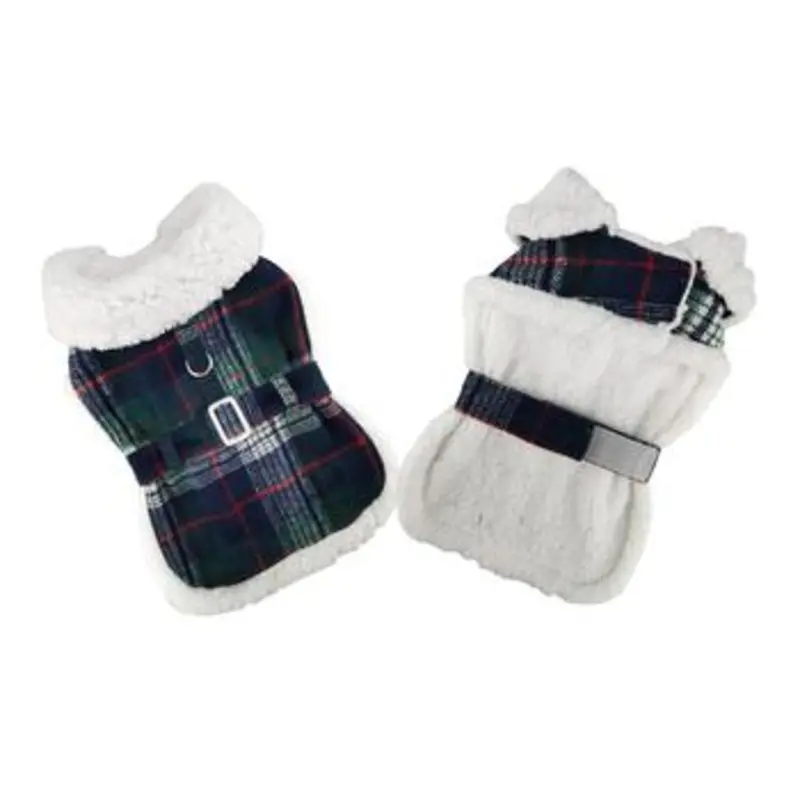 Sherpa-Lined Dog Harness Coat - Blue & Green Plaid