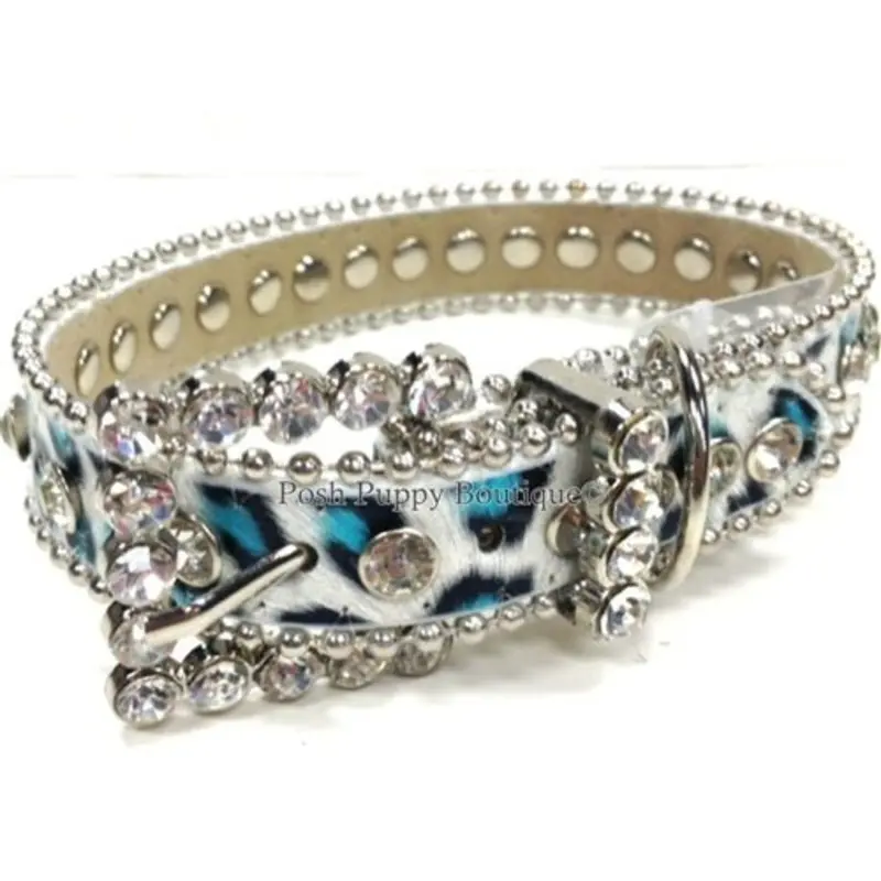 Couture Clear Crystal and Leather Dog Collar in Aqua Snow Leopard