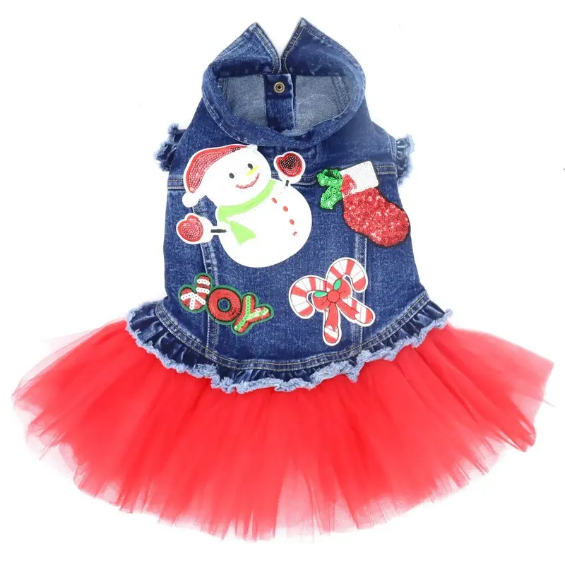 Christmas Joy Denim Dog Jacket with Tutu