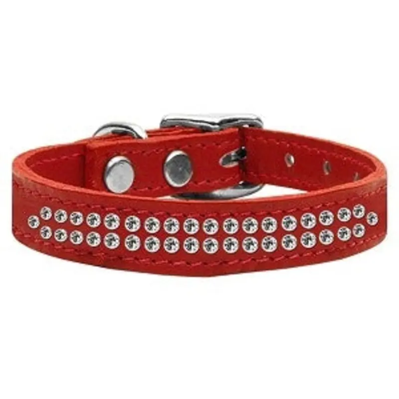 Two Row Clear Jeweled Leather Collar in Red