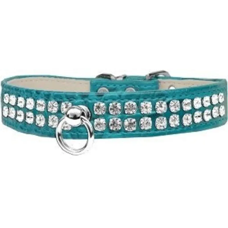 Two Row Rhinestone Designer Croc Dog Collar in Turquoise