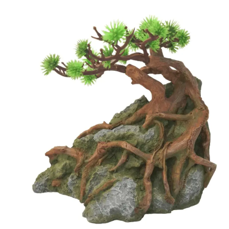 Fish Gear Stone with Tree Aquarium Ornament