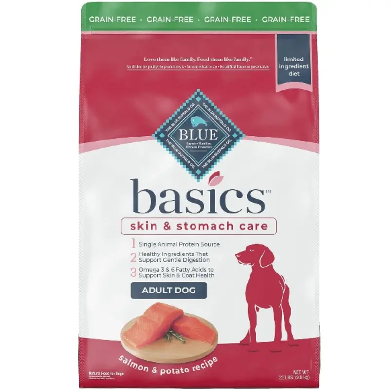 BLUE Basics Skin & Stomach Care Grain-Free Salmon & Potato Recipe Dry Dog Food, 22lb