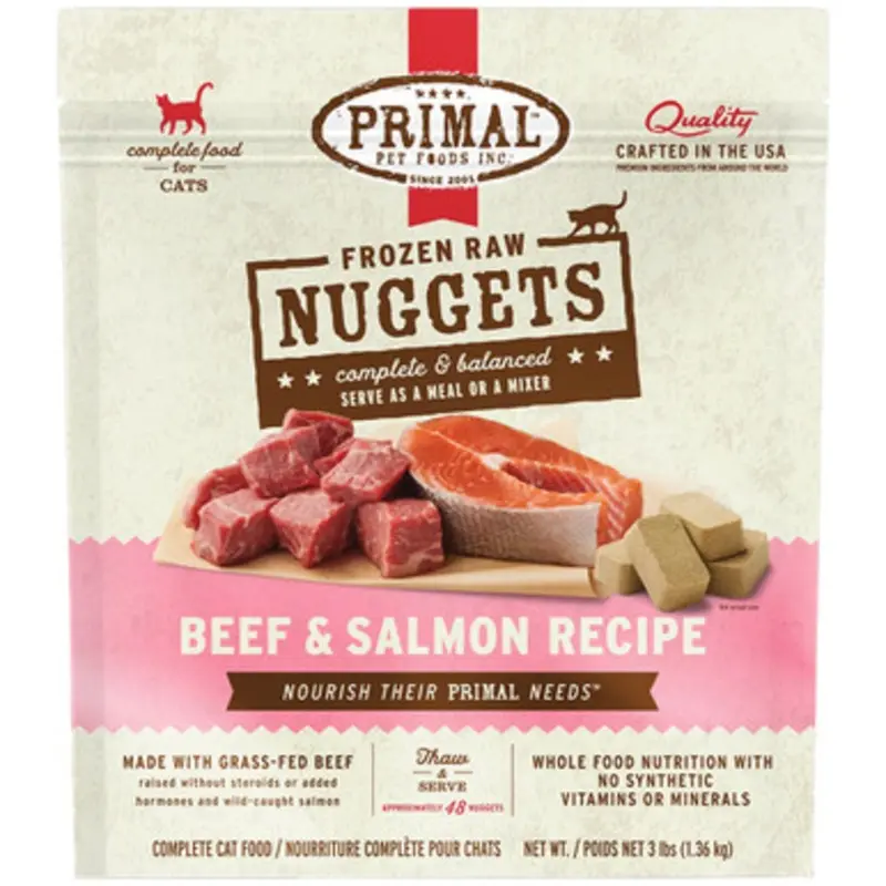 Primal Raw Frozen Feline Nuggets Beef & Salmon Formula Cat Food 3 lb