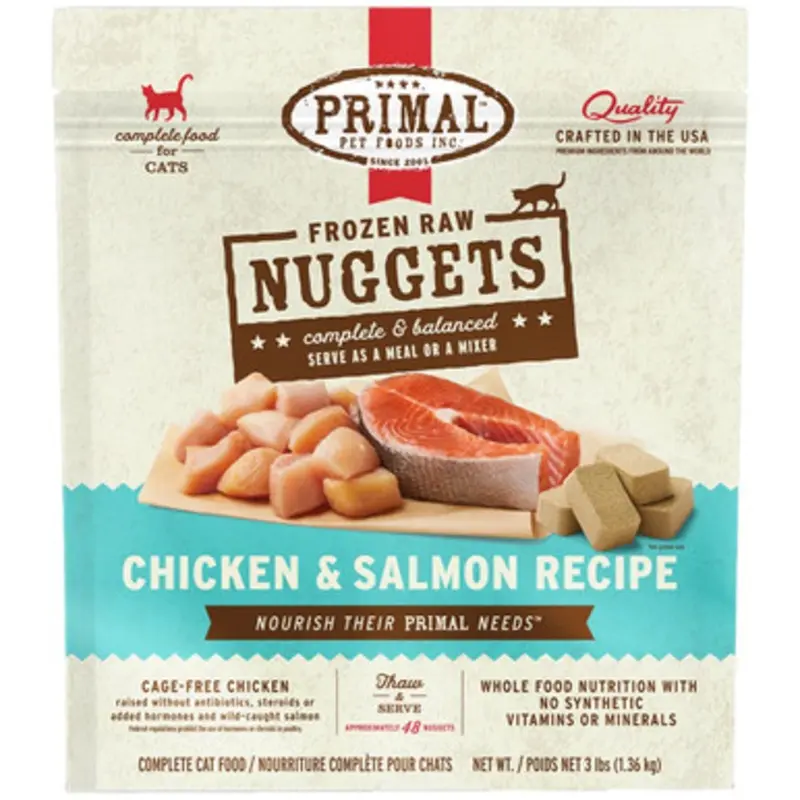 Primal Raw Frozen Feline Nuggets Chicken & Salmon Formula Cat Food 3 lb