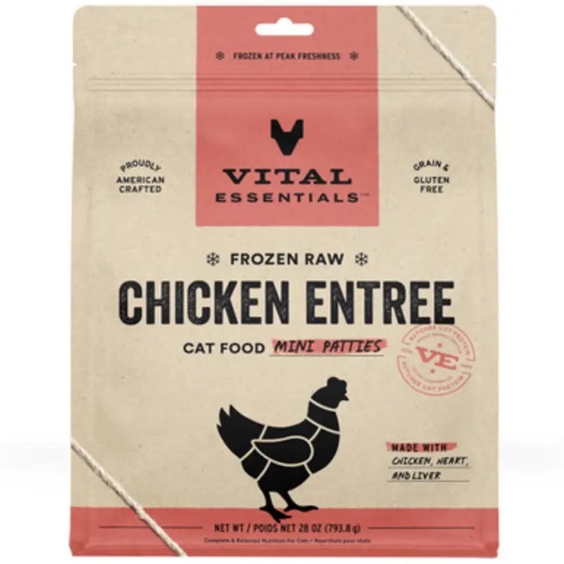 Vital Essentials Chicken Entre Mini Patties Frozen Raw Cat Food  28 oz