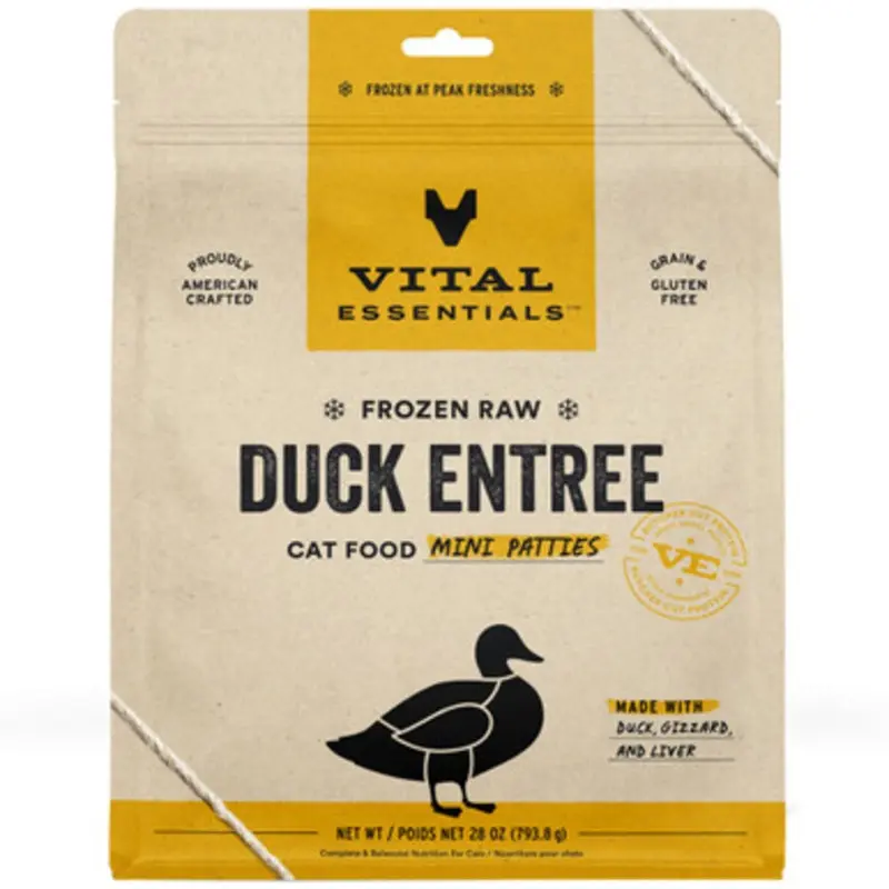 Vital Essentials Duck Entre Mini Patties Frozen Raw Cat Food  28 oz