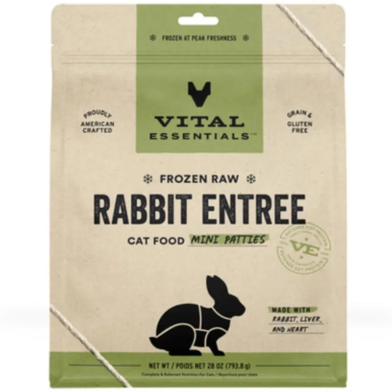 Vital Essentials Rabbit Entre Mini Patties Frozen Raw Cat Food  28 oz