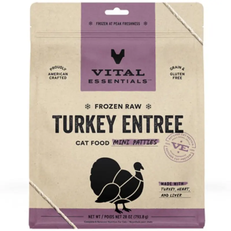 Vital Essentials Turkey Entre Mini Patties Frozen Raw Cat Food  28 oz