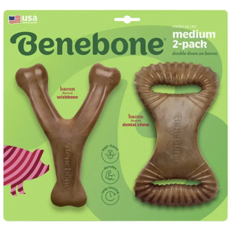 Benebone Medium 2-Pack w/ Wishbone & Dental Chew Bacon Flavor Dog Chew Toys 2 pk