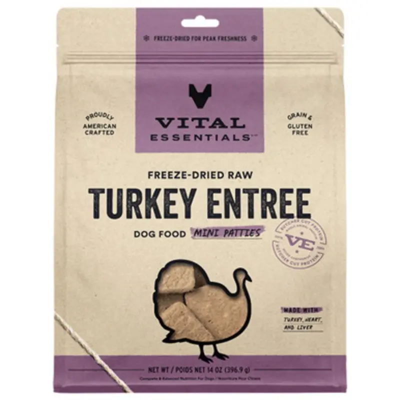 Vital Essentials Turkey Entre Mini Patties Freeze-Dried Raw Dog Food 14 oz