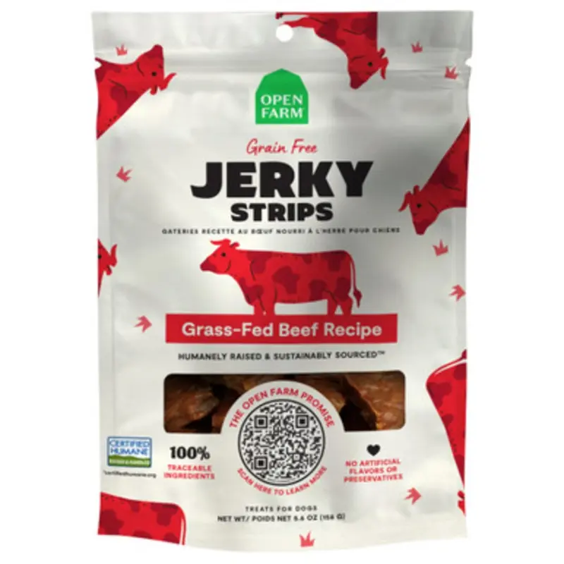 Open Farm Grain Free Grass-Fed Beef Recipe Jerky Strips Dog Treats 5.6 oz