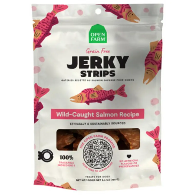 Open Farm Grain Free Wild-Caught Salmon Recipe Jerky Strips Dog Treats 5.6 oz
