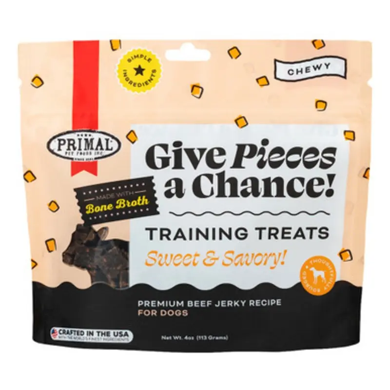 Primal Give Pieces A Chance Beef w/ Bone Broth Jerky Recipe Training Dog Treats 4 oz