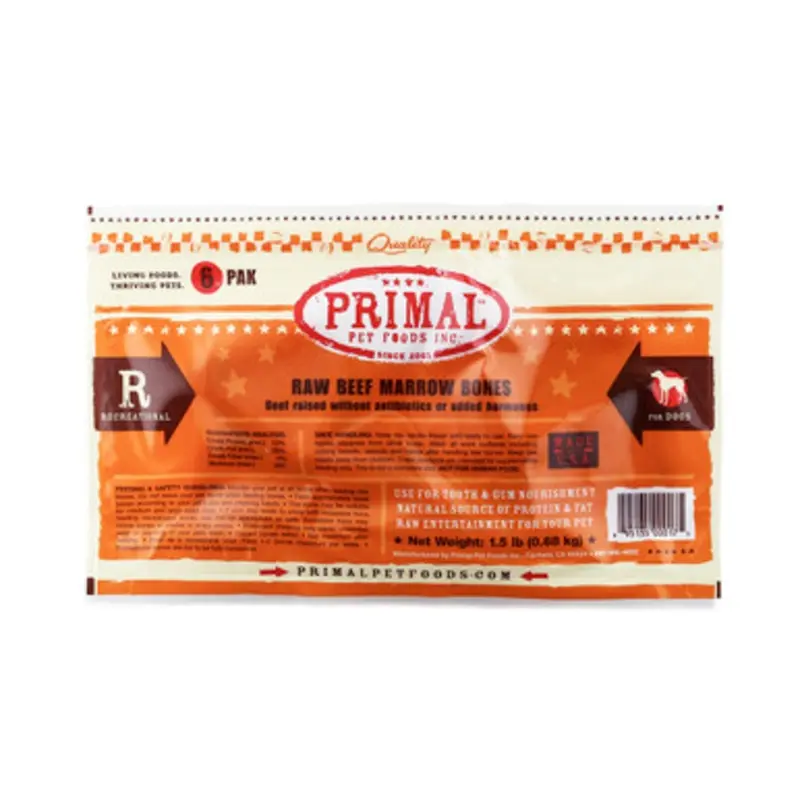 Primal Raw Frozen Recreational Beef Marrow Bones for Dogs & Cats 6 ct