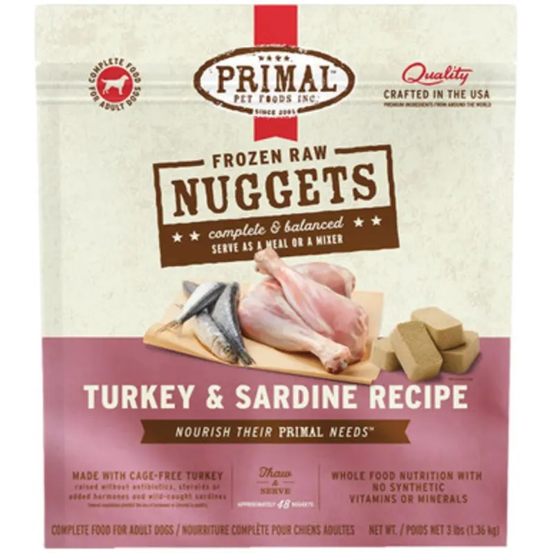 Primal Raw Frozen Canine Nuggets Turkey & Sardine Formula Dog Food 3 lb