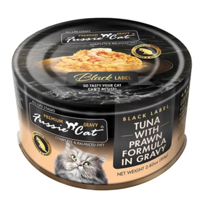Fussie Cat Black Label Premium Tuna w/ Prawn Formula in Gravy Canned Cat Food 2.82 oz