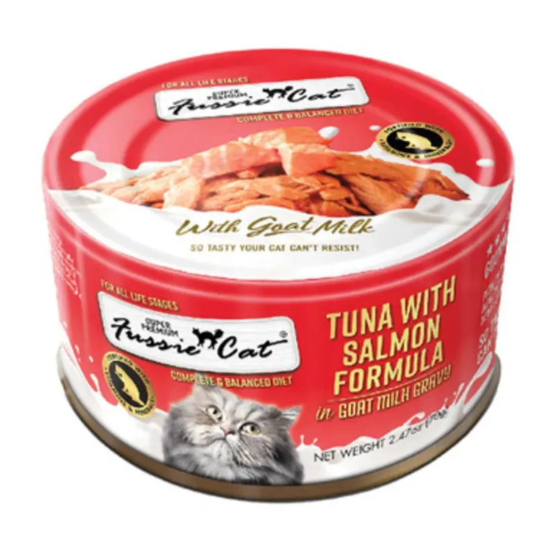 Fussie Cat Super Premium Tuna w/ Salmon Formula in Goat Milk Canned Cat Food 2.47 oz