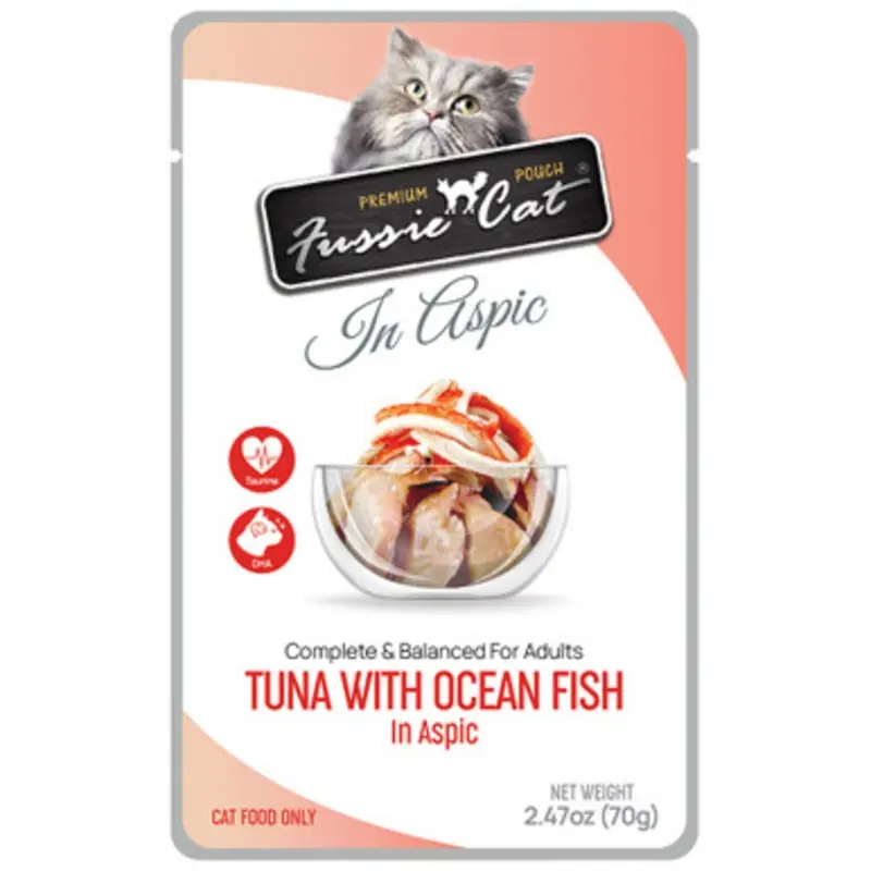Fussie Cat Premium Pouch Tuna w/ Ocean Fish in Aspic Wet Adult Cat Food 2.47 oz