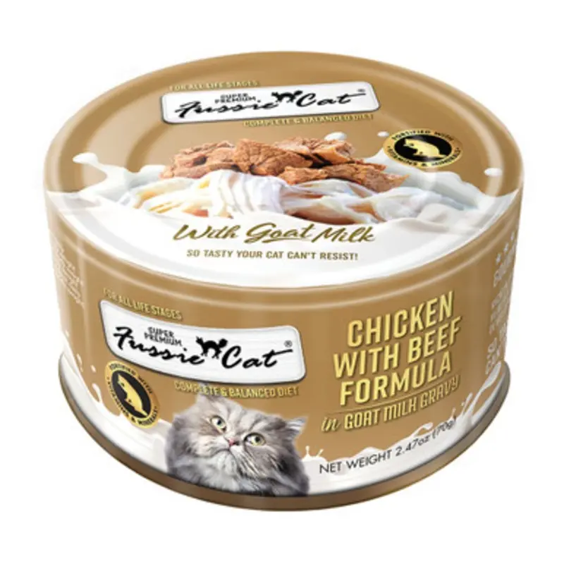 Fussie Cat Super Premium Chicken w/ Beef Formula in Goat Milk Canned Cat Food 2.47 oz
