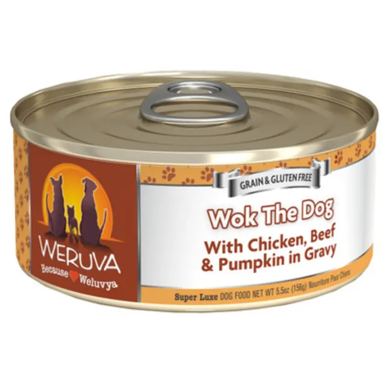Weruva Wok the Dog with Chicken, Beef  and Pumpkin in Gravy Canned Dog Food 5.5 oz