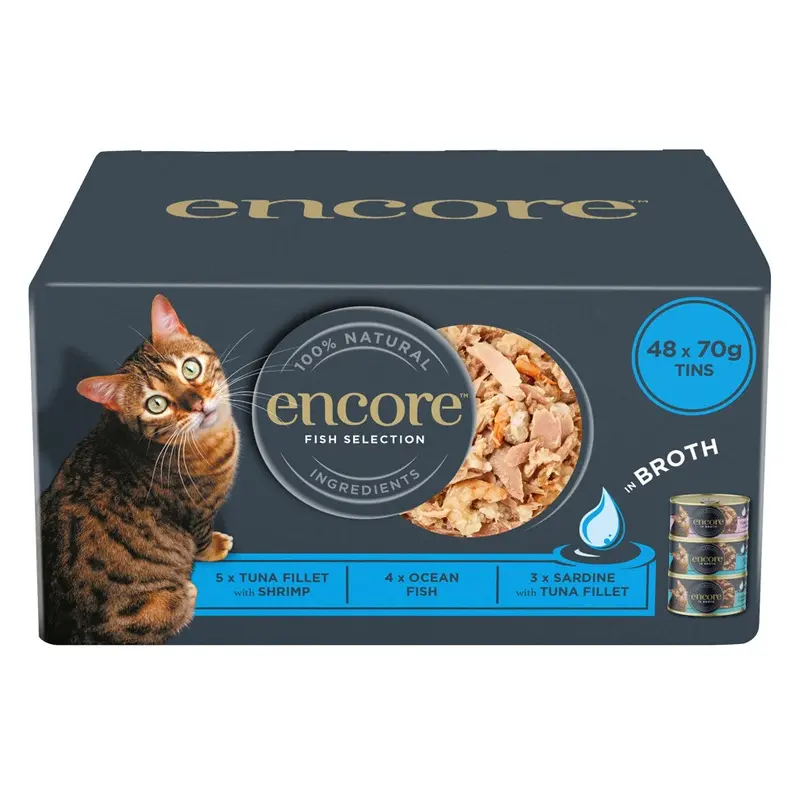 Encore 100% Natural Wet Cat Food Multipack Fish Selection In Broth X 12 X 70G (Total 48 Tins) Size 4