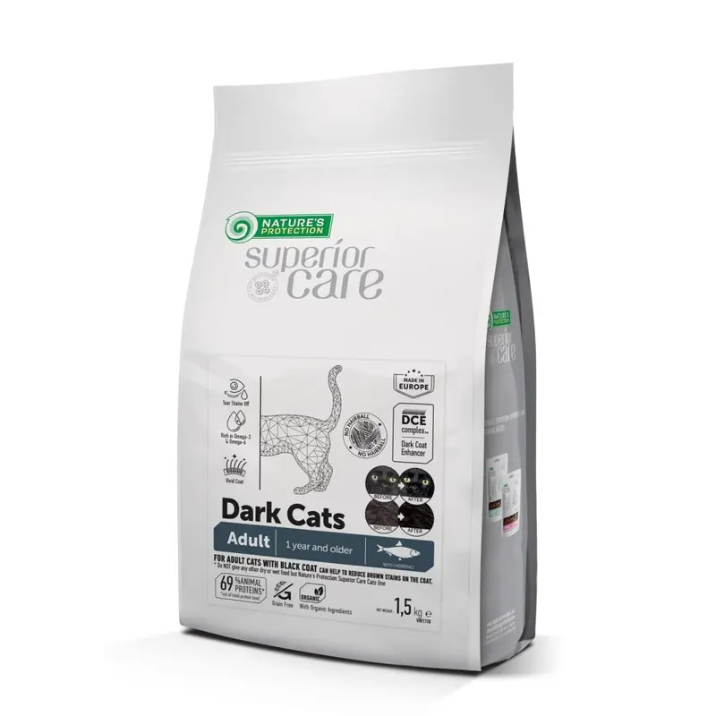 Natures Protection Dark/Grain Superior Care Cats - Dry Cat Food Free With Herring For Adult All Breeds Cats, Hairball Control, Tear Stain Off,
