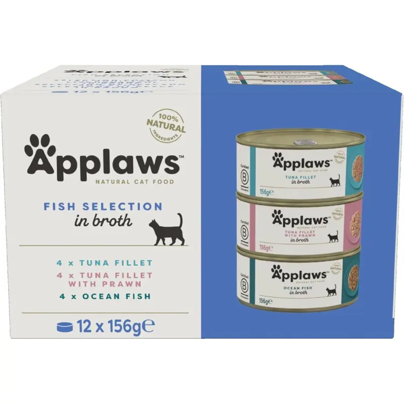 New Applaws 100% Multipack Fish Selection In Broth 156 G Tin (Pack Of 12) Natural Wet Cat Food Size 12