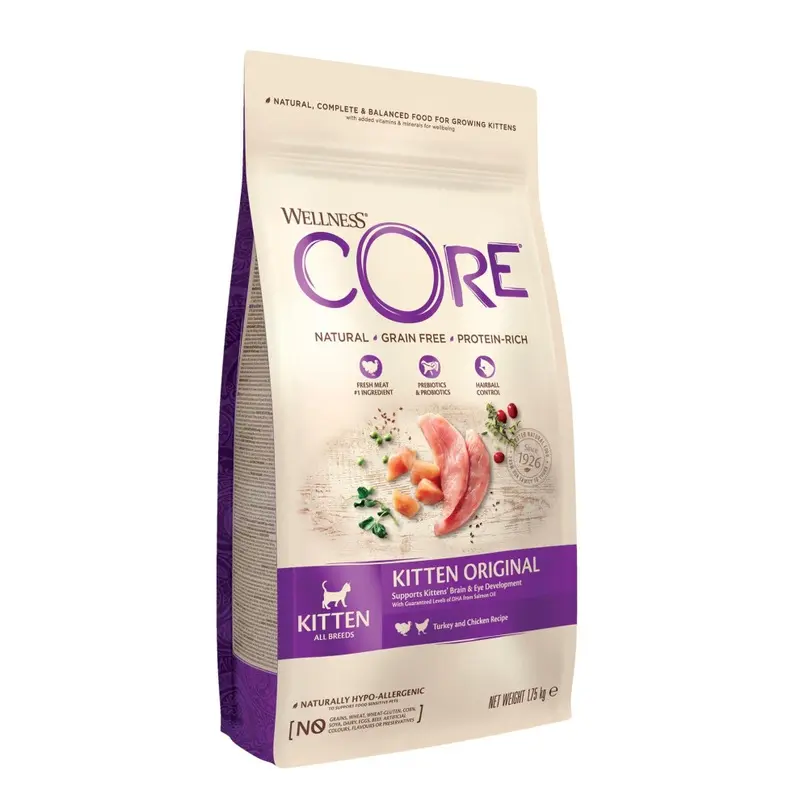 Wellness Core Grain Kitten Original,, Turkey & Chicken, Kitten Dry Food, All-Natural, -Free, High Meat Content, Protein-Rich, Supports Brain & 1.75Kg