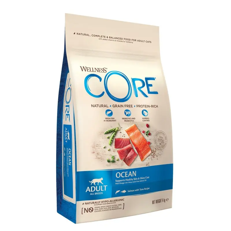 Wellness Core Salmon/Grain Adult Ocean,, & Tuna, Dry Cat Food For All Cats, -Free, High Fish Content, Protein-Rich, Supports Healthy Skin & Shiny 4Kg