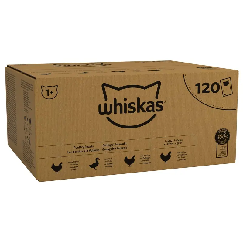Whiskas 1+ Adult Wet Cat Food Poultry Selection in Jelly 120 x 85g Pouches Megapack, Tender Cuts in Flavoured Gravy, Nutritionally Complete, Easy to Serve, Variety Pack for Adult Cats